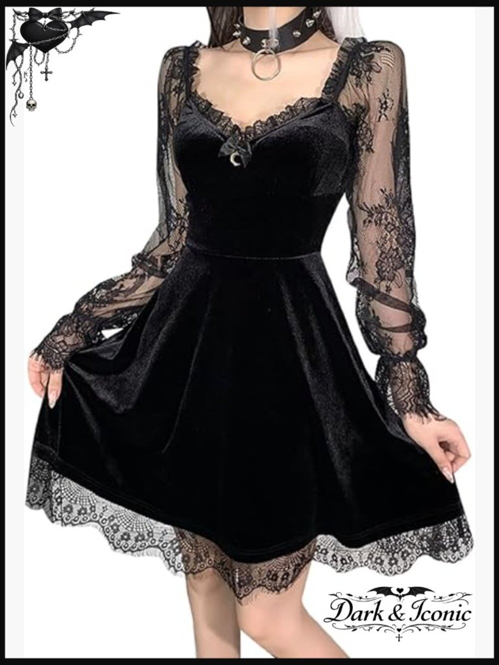 Gothic Velvet Dress Flared Lace Long Sleeve Midi A-Line Fairy Grunge